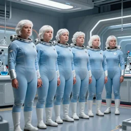 line of six tall short fat scrawny women, white hair, tight light blue neopren space uniforms, futuristic chemistry lab, sci - fi, highly detailed, cinematic