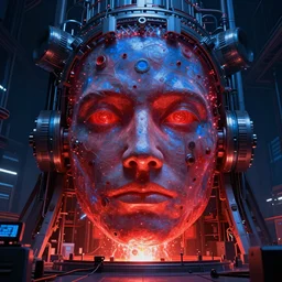 giant Plasma fusion reactor power station, red, blue ,  hyperrealistic mixed media, stunning 3d render inspired art by P. Craig Russell and Barry Windsor-Smith + perfect facial symmetry + dim volumetric lighting, 8k octane beautifully detailed render, post-processing, extremely hyperdetailed, intricate futuristic mechanic parts, epic composition, grim yet sparkling atmosphere, cinematic lighting + masterpiece, trending on artstation