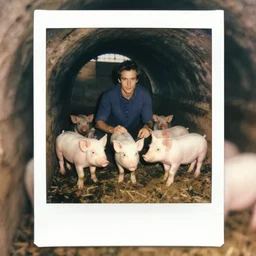 polaroid of jean genet surrounded by piglets in a tunnel