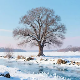 a huge standalone tree, seen from the distance in a snowy landscape, near a frozen river made of crystals. art nouveau rococo in the style of caravaggio. hd 8 x matte background in vibrant vivid pastel colour textures