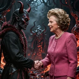 Margaret Thatcher shaking hands with Satan in the depths of hell, ultra detailed, ultra intricate, cinematic, 8k,