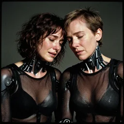 cinestill 5 0 d candid photographic portrait by steven spielberg of two loving female androids sobbing wearing rugged black mesh tec