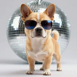 an anthro dog wearing shiny sunglasses,digital art,ultra realistic,ultra detailed,art by greg rutkowski,photorealistic,detailed face,disco ball in background,high quality,4k,character concept,full body,human body