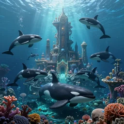 civilization underwater created by orcas, submerged city made with coral and rock by killer whales, epic fantasy scifi illustration unreal engine awe inspiring enviroment