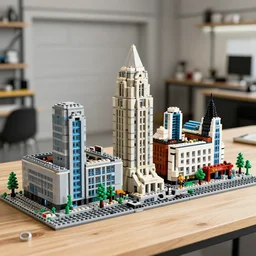 detailed lego build of dublin city on garage table, professional photo, professional lighting, HDR