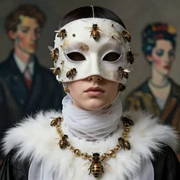 a futuristic portrait by mask made of wires and bees, white fur fir necklace made by gauzes twisted around neck, design by leonardo davinci, inspired by egon schiele, balenciaga, modern art, baroque art jewelry, new classic, fashion design, photorealistic, hyper realistic, cinematic composition, cinematic lighting, fashion design, concept art, 8 k