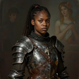 portrait painting of round - faced black badass young woman knight with a ponytail wearing old leather armor, ultra realistic, concept art, intricate details, eerie, highly detailed, photorealistic, octane render, 8 k, unreal engine. art by artgerm and greg rutkowski and charlie bowater and magali villeneuve and alphonse mucha