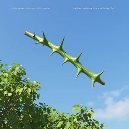 a green thorny branch with long spikes flies through the blue summer sky over leafy tree tops, trending on artstation, digital art ( by tomasz jedruszek ) ( by senfeng chen ) ( by lorenzo lanfranconi )