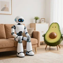 two robots sitting on a potato sofa and an avocado armchair
