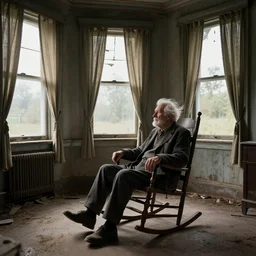 old man sitting on a rocking chair in an old 3 0's abandoned rich manor, light through dusty broken windows, old curtains, dusty floor, dirts on the floor, wind, hyperdetailed, artstation, cgsociety, 8 k