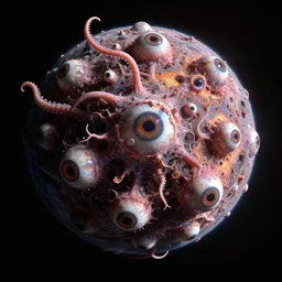 A view from space of an Eldritch Organic Planet of The Void made of eyeballs and tentacles. JWST. Hubble.