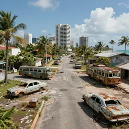 wide angle shot of dilapidated fallout 5 tropical coastal city in real life, desolate, dilapidated, empty streets, some rusted retro futuristic vintage styled parked vehicles like cars, buses, trucks, trams, sunny weather, few clouds, volumetric lighting, photorealistic, daytime, autumn, sharp focus, ultra detailed, technicolour, cgsociety