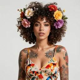 portrait of a mixed extremely beautiful woman, with afro, flowers blossoming from her hair, fully clothed, with tattoos,, vibrant colors, ( ( ( koi colors ) ) ), octane render, jesper ejsing, james jean, justin gerard, tomasz alen kopera, cgsociety, fenghua zhong, makoto shinkai, highly detailed, rim light,