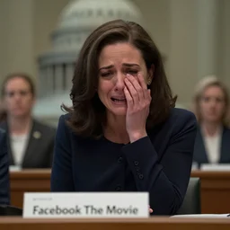 Movie still of a confused and unkempt Sheryl Sandberg crying in front of Congress, from Facebook The Movie (2018), directed by Steven Spielberg
