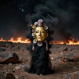 The full body shot of beautiful pale woman with many eyes flowers and full-face golden mask inside a thick black smoke in rocky desert landscape, glowing eyes, falling star on the horizon, burning earth by Gaspar Noe and Christopher Doyle, anamorphic lens, anamorphic lens flares, kodakchrome, cinematic composition, practical effects, award winning photo, 8k