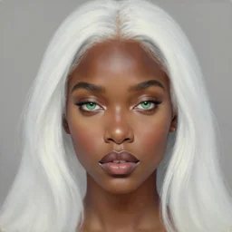 A head-on detailed oil portrait of a beautiful black woman with pale green eyes and long white hair by greg rutkowski and artgerm, trending on artstation