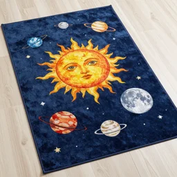 solar system oriental rug, sun, planets, moon, high quality photography