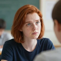 a girl student asking a stupid question for the teacher, ruddy girl, short hair, very detailed face, white skinned girl,