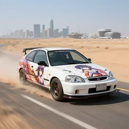 photograph of a cell-shaded Honda EK9 Type-R, with an anime girl car wrap, speeding on a desert road with a futuristic city in the horizon, kicking up dirt, action shot, one point perspective, 1-point perspective, tilt shift, sigma 85mm f/1.4, 4k, depth of field, high resolution, 4k, 8k, hd, full color