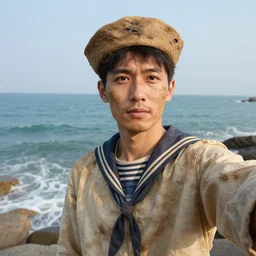 dried and withered sailor taking a selfie with the ocean behind him, highly detailed
