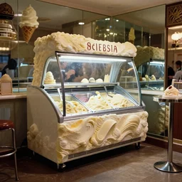 an ice cream fridge in the middle of a neapolitan ice cream diner, from 1 9 8 5, made out of ice cream, reflected in mirrors, ice cream in background, low - light photograph, three point perspective, miniature subsurface scattering, photography tyler mitchell