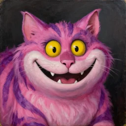 portrait of the cat of cheshire bosch with pink and purple stripes and a huge malicious smile by hieronymus bosch. oil on wood