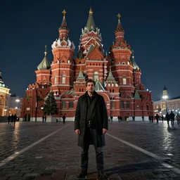 a man standing in the middle of Red Square at night, a photorealistic painting by Gregory Crewdson, cgsociety, playstation 5 screenshot, matte painting, cryengine