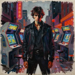 painting of the figure of a man in a haunting scenery during the 1 9 8 0's, city, video club, arcade store, high contrast, concept art, fully colored, dramatic lighting, digital art, 8 k, extremely detailed, drawn by ruan jia