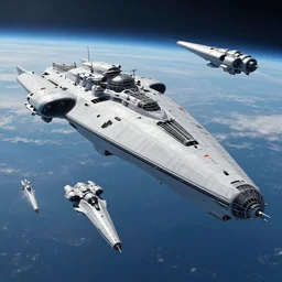 an epic space battle, large and small spaceships, photorealistic, dreadnaughts