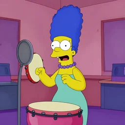 Marge Simpson in a recording booth singing and banging a tambourine.