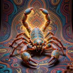 a photo - real delicate sculpture of an ornate detailed scorpion in front of a intricate background by aj fosik, micro detail, backlit lighting, octane renderer, colorful, physically based rendering, tribal art, trending on cgsociety