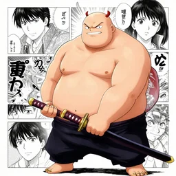 anime big chungus holding a katana, manga illustration