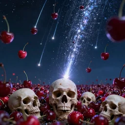 meteor shower with hundreds cherries and skulls, night sky, 3D, futuristic, hyperrealism, cinematic shot, beksinsky trending on artstation