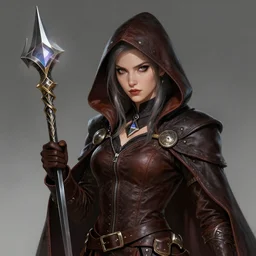 portrait of a mix between archmage and rogue, female, shiny scepter and dagger, leather coat, high fantasy, dnd, face details, extremely detailed, smooth, sharp focus, digital illustration, by artgem, rossdraws, sakimichan