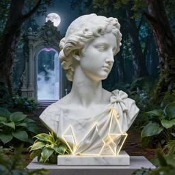 beautiful marble sculpture by billelis + lit with 3 d geometric neon + hosta flowers!!!, in the forest!!!!!!, moon in background!, facing a doorway opening with vaporwave light, rococo architecture, moody, award winning, clean linework, dramatic, finely detailed, 4 k, trending on artstation, photorealistic, volumetric lighting, octane render