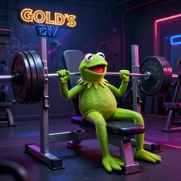 Kermit the Frog bench pressing 200kg in Gold's Gym, cosmic horror, 8k, cinematic, very high quality, neon