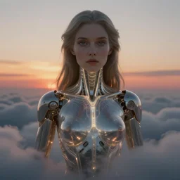 biblical female android, glowing veins, in clouds, sunset, big eyes, portrait by wayne barlowe, studio lighting, muted colors, by frank frazetta, extreme detail, reflections, trending on artstation, 8 k