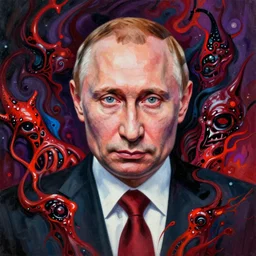 amazing detailed intricate horror painting of a vladimir putin. disturbing, twisted, dark, evil. vibrant colors. award winning. trending on arstation.