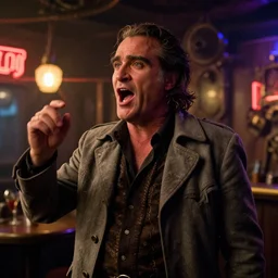 the medium shot of singing old drunkard ( ( ( ( ( joaquin phoenix ) ) ) ) ) with sideburns worn in old grey jacket in steampunk bar, still frame from movie with cinematography of christopher doyle, neon lighting, anamorphic lens, optical flares, award winning photo, 8 k