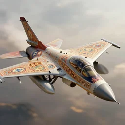 a figter jet painted with mughal motifs, in action, artstation, an epic fantasy, cinematic lighting, hyper realistic, photographic, sharp focus, by greg rutkowski and wolp, artgerm