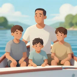 A dad with his 3 sons in a boat, the dad is fishing, underwater there is a fish with his 3 sons, oil on canevas