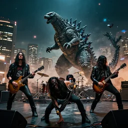 A wide shot of a heavy metal band with long dark hair playing on guitars while Godzilla destroys!!!!!!!! the night city of Tokyo, by Lubezki and David Lynch, anamorphic 35 mm lens, cinematic, anamorphic lens flares 4k