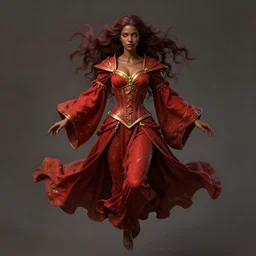 Portrait of a beautiful sorceress, alone!!, dnd, d&d, toned shape, Red robes, golden accents, crimson clothes, corset, young, dark red hair, dark skin, burning eyes, floating, detailed sculptured face!, highly detailed, high fantasy, matte painting, by Krenz Cushart and Artem Demura and alphonse mucha, artstation, HD, 4K, midjourney
