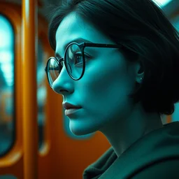 cinematic mid shot of a high detail, blue woman's face looking off camera, with round glasses. fine facial features. she stands in a pastel colourful 3 d, subway scene by jeffrey smart and gregory crewdson and edward hopper, inspired by the grand budapest hotel and edward scissorhands