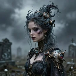 cinestill 5 0 d glamour photography of a dystopian beautiful steampunk cyborg hybrid witch by flora borsi, hair and dress like water ink, misty infected cemetery scenic dystopian stormy environment, elegant, highly detailed, blur digital photo art, artstation, sharp focus, head in focus, interstellar tonal matt colors