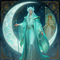 pearlescent turquoise moon sorcerer, male character design, painting by gaston bussiere, craig mullins, greg rutkowski, alphonse mucha, trending on artstation