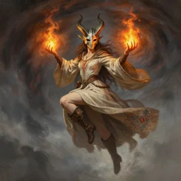 character concept art of sorceress wearing half horned mask and boots holding fire in hands flying inside a tornado, full body shot, gown, crossing legs, raised hands, fantasy painterly style, intricate details, artwork by ross tran, artgerm, eimbrodered clothing,