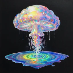an iridescent chakra exploding mushroom cloud dmt lsd limerence paintbrush jellyfish nervous system suspended in rainbow liquid paint lake on a creative whimiscal alien planet, black paper, obscure, serendipity, gustave darrow, dan mumford, wlop, artgerm, moebius