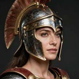close - up portrait of female roman gladiator with helmet and armor, color photograph by annie leibovitz