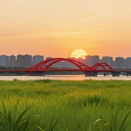 changlu city is green with autumn grass, and the bird magpie bridge is red with the setting sun. a picture of sunset atmosphere in luoyang port, illustration, trending on artstation